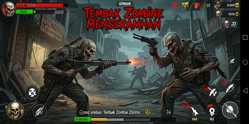 Antarmuka IDN668 menampilkan aksi tembak zombie yang intens.