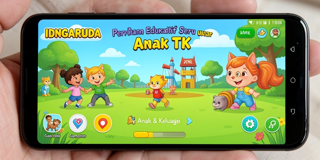 Antarmuka ceria dan interaktif dari aplikasi IDNGARUDA untuk anak-anak.