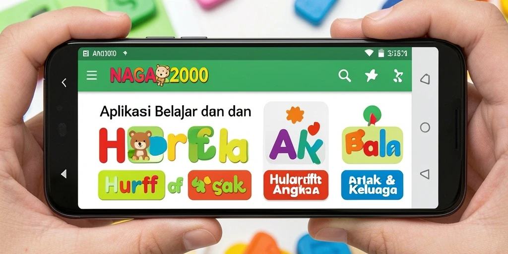 Tampilan antarmuka NAGA2000 yang interaktif dan ceria untuk belajar huruf dan angka.